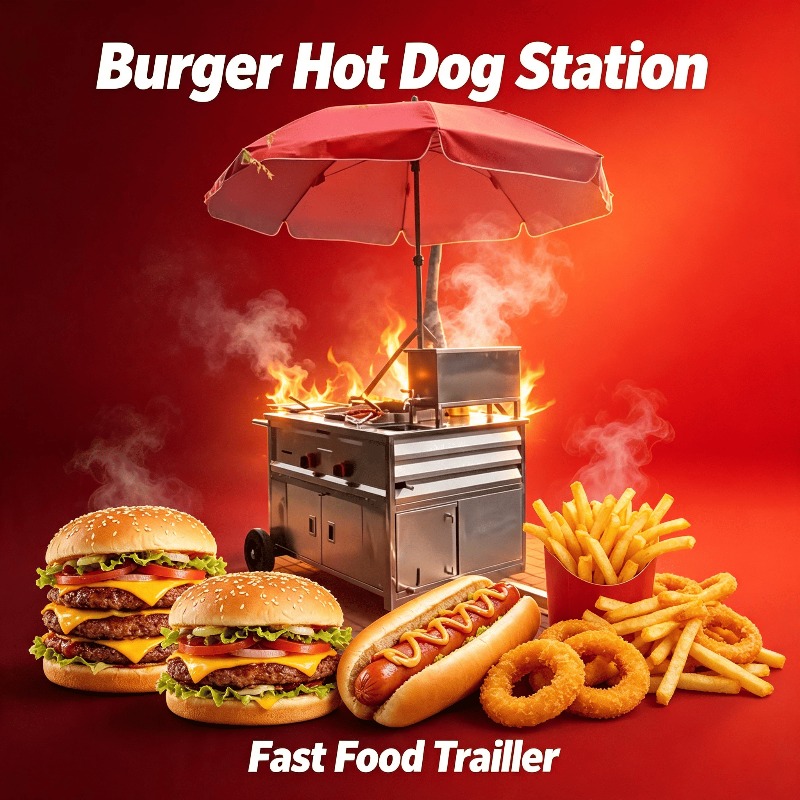 Fast Food With Snacks - 移動式屋台カート、牽引可能なホットドッグカート、作業台と収納付き、屋外ファーストフード、ハンバーガー、揚げ物、海鮮料理に最適、カスタマイズ可能