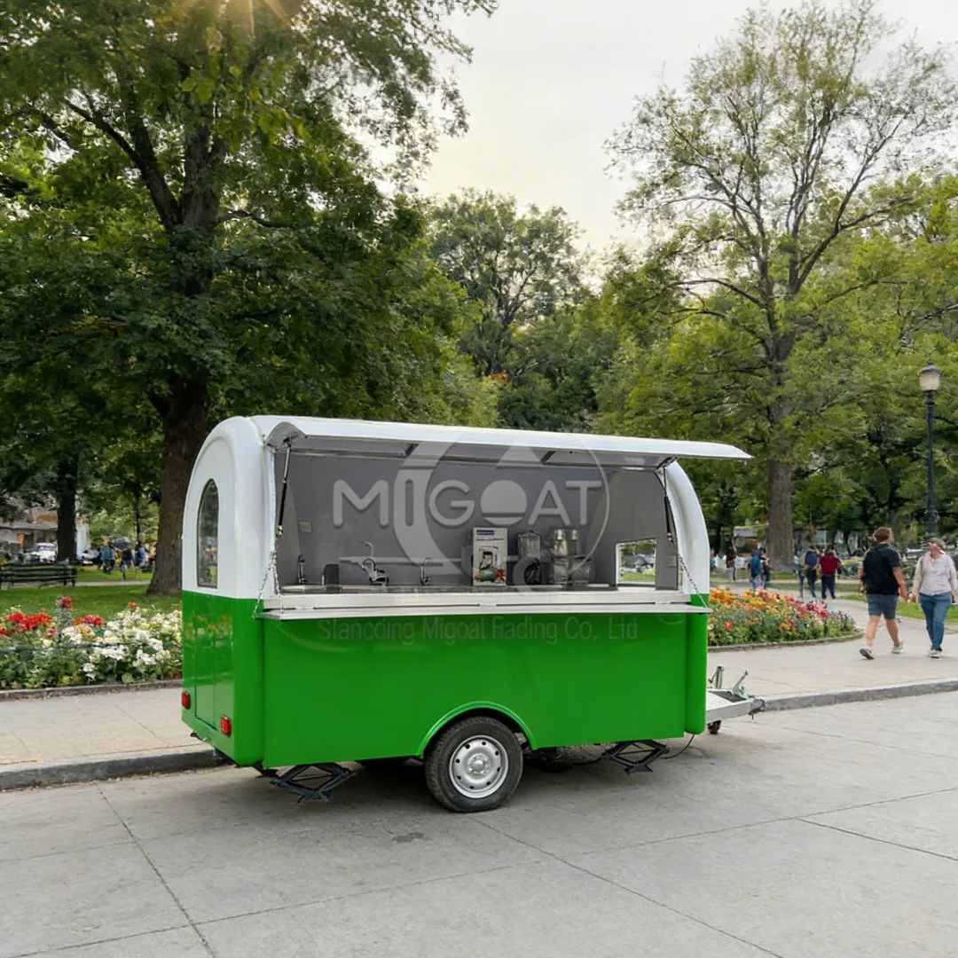 Food Snacks That Are Green - カスタマイズ可能な商業用グリーンモバイルキッチンフードトラック、スナックトレーラー、屋外朝食、ファストフード販売カート