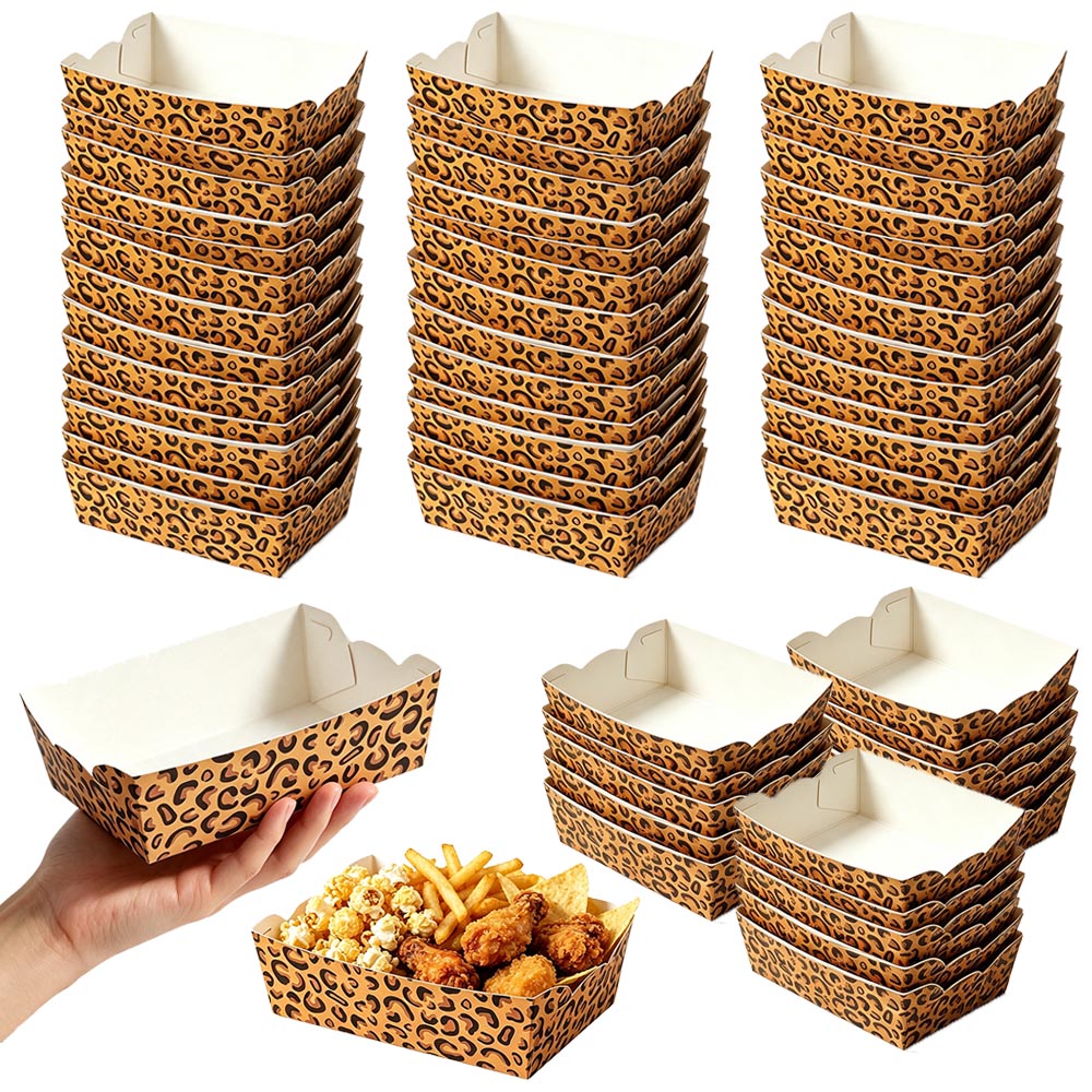 Food Snacks For Party - 12-100 個ヒョウ柄使い捨て紙製食品トレイ動物柄スナックボートボックスジャングル誕生日パーティー装飾用品