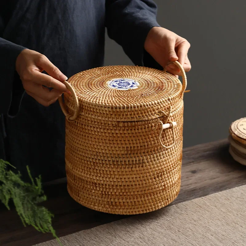 手編みラタン製蓋付き茶葉収納ボックス グリーン バッグオーガ - Food Snacks That Are Green のレビューと価格