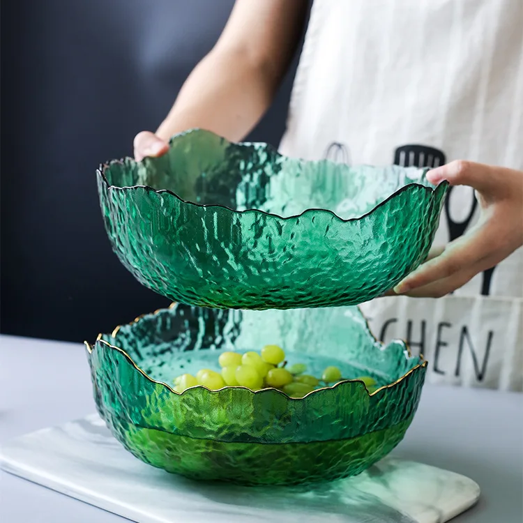 金色の縁が付いた大きなガラスのボウル,サラダ,フルーツ,スー - Food Snacks That Are Green のレビューと価格